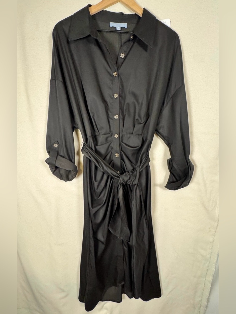 ANTONIO MELANI Black Shirt Dress w/Draped Wrap  Tie Waist Roll Tab Sleeves